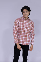 Brown, red and white checked shirt